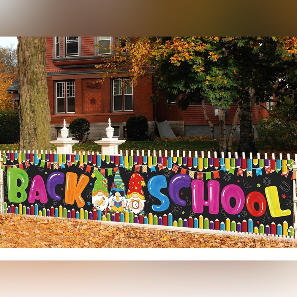 Gnome “ Back to School” banner, 7 ft x2 ft, black, yellow, red, blue